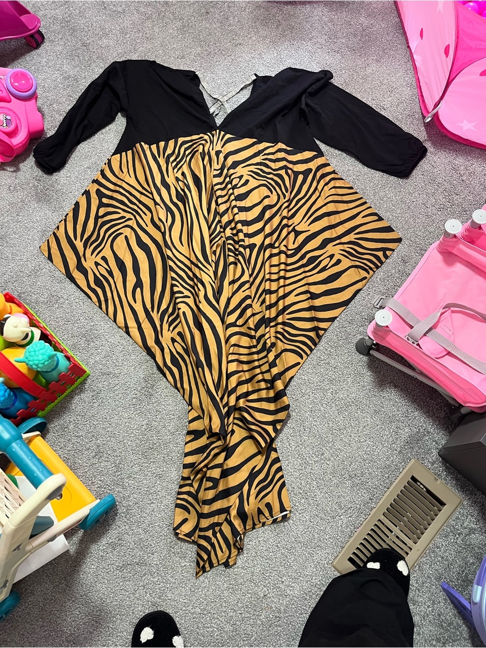 Black & Tan Zebra Print Maxi Dress with Rhinestone - Elegant Asymmetrical Hem